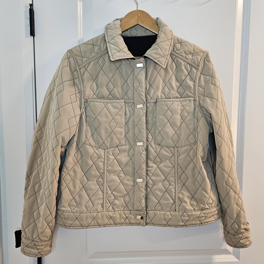 [UTEX] Reversible Diamond Quilted Black And Cream Bomber Jacket Women Large